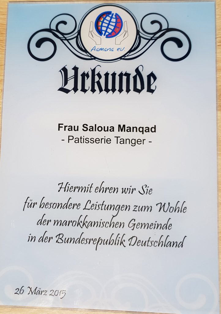 Aamana-Urkunde für Saloua Manqad – Patisserie Tanger vom 26. März 2015