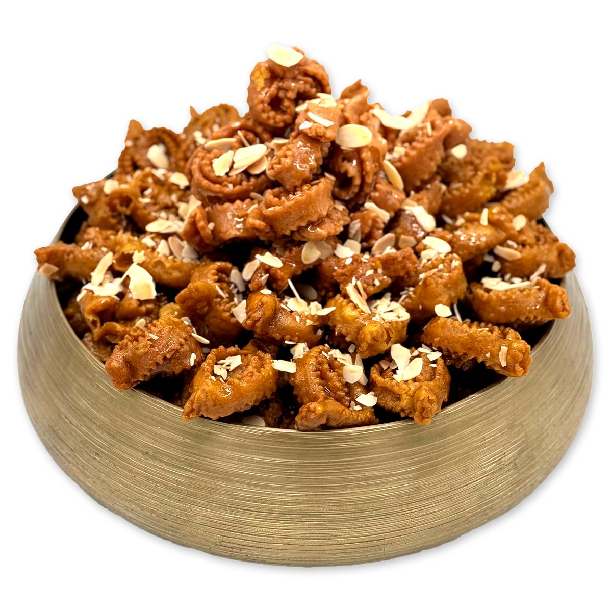 Almond Chebakia in a golden bowl